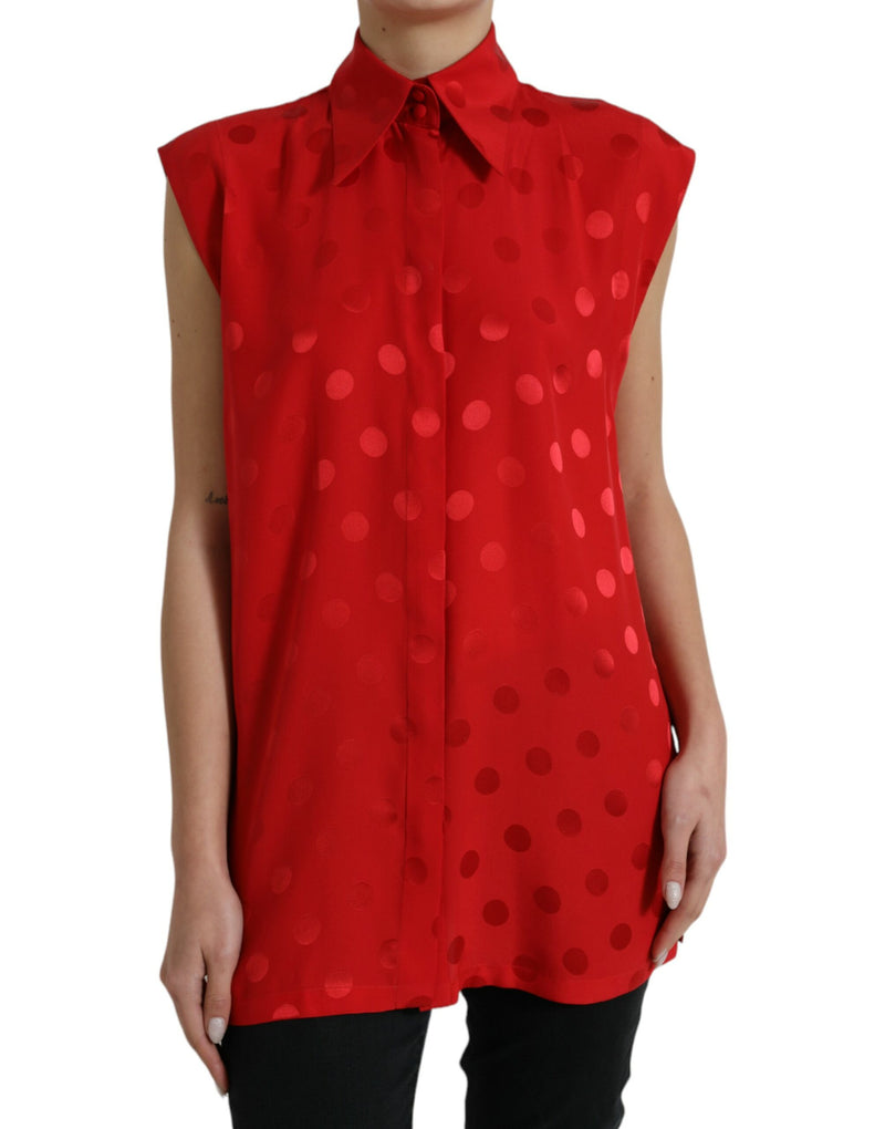Dolce & Gabbana Red Polka Dot Sleeveless Collared Blouse