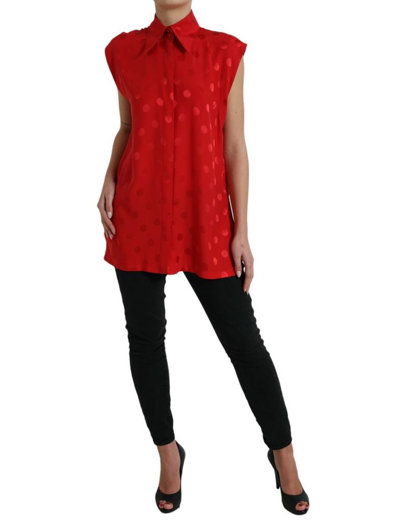 Dolce & Gabbana Red Polka Dot Sleeveless Collared Blouse