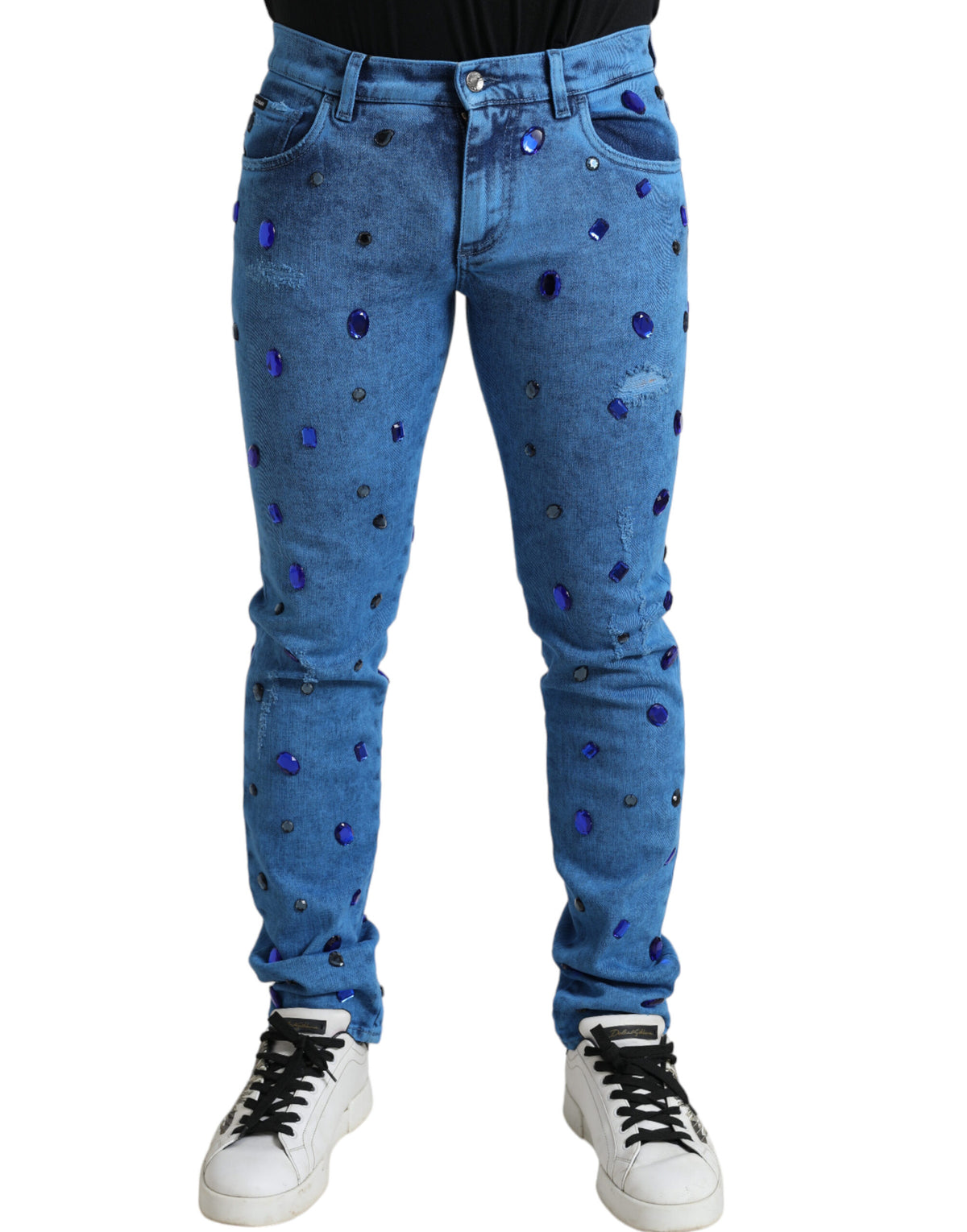 Jeans skinny en jean bleu ornés de cristaux de Dolce &amp; Gabbana