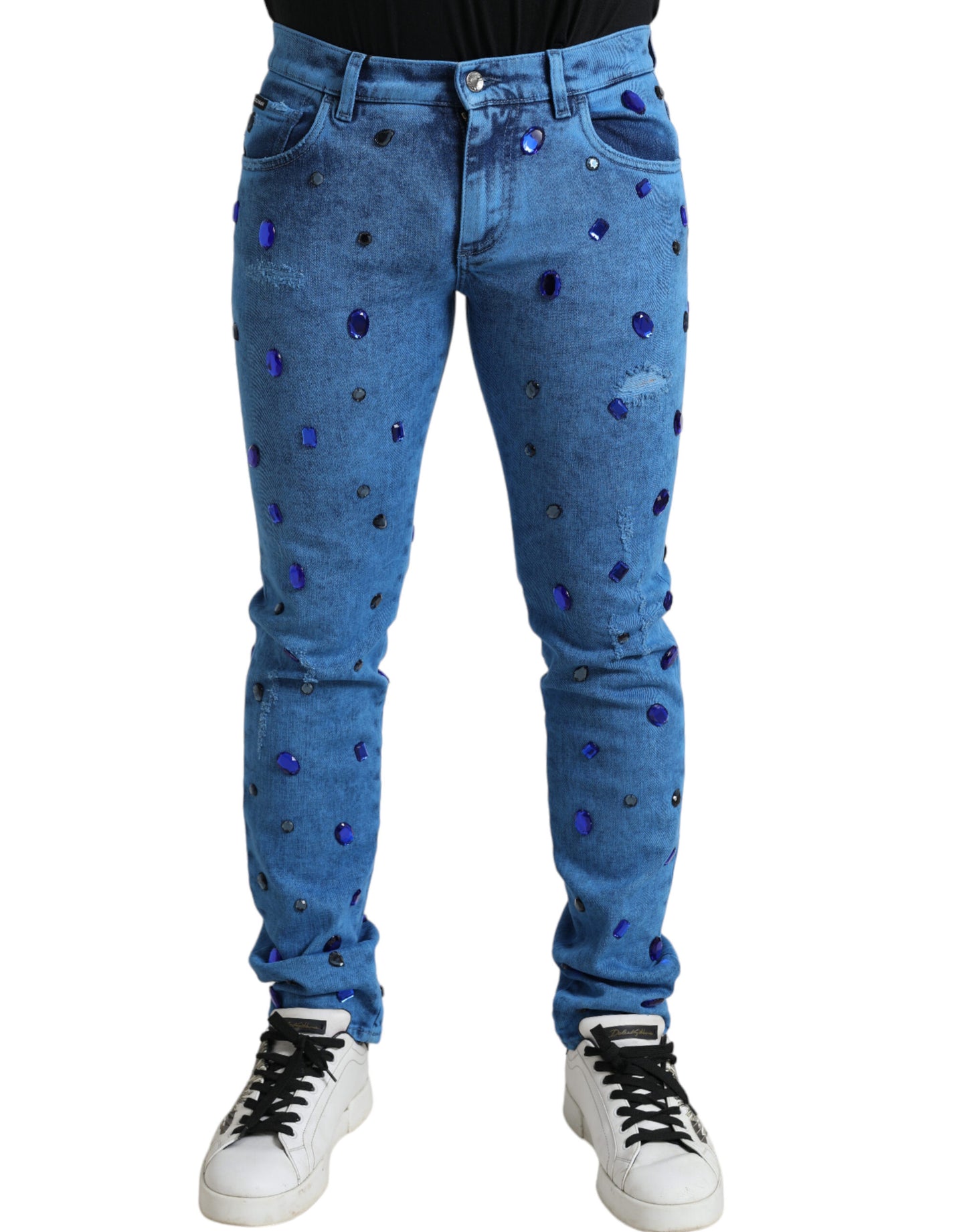 Jeans skinny en jean bleu ornés de cristaux de Dolce &amp; Gabbana