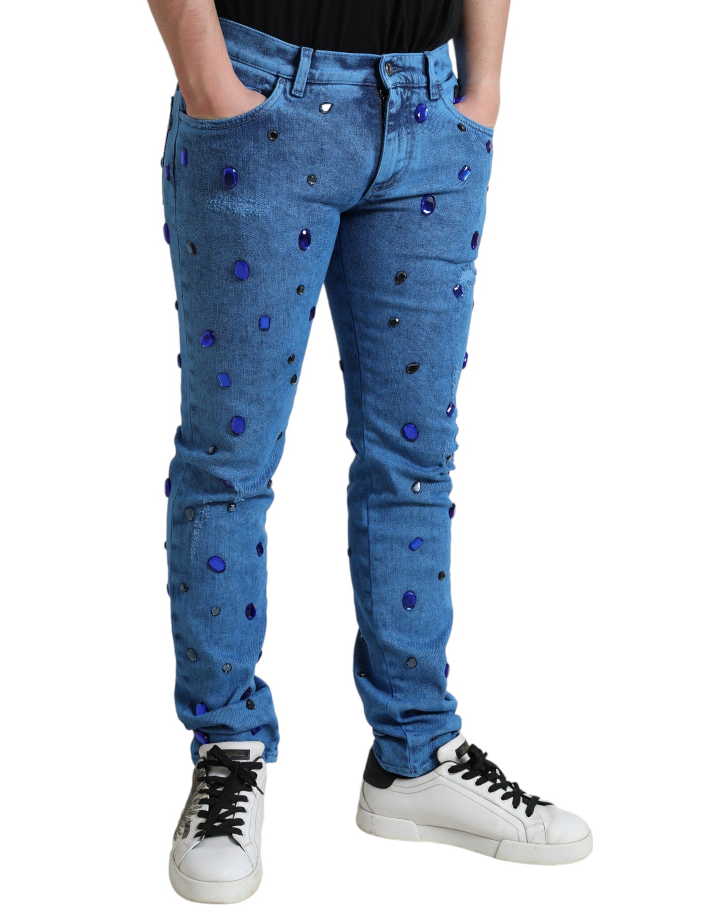 Jeans skinny en jean bleu ornés de cristaux de Dolce &amp; Gabbana