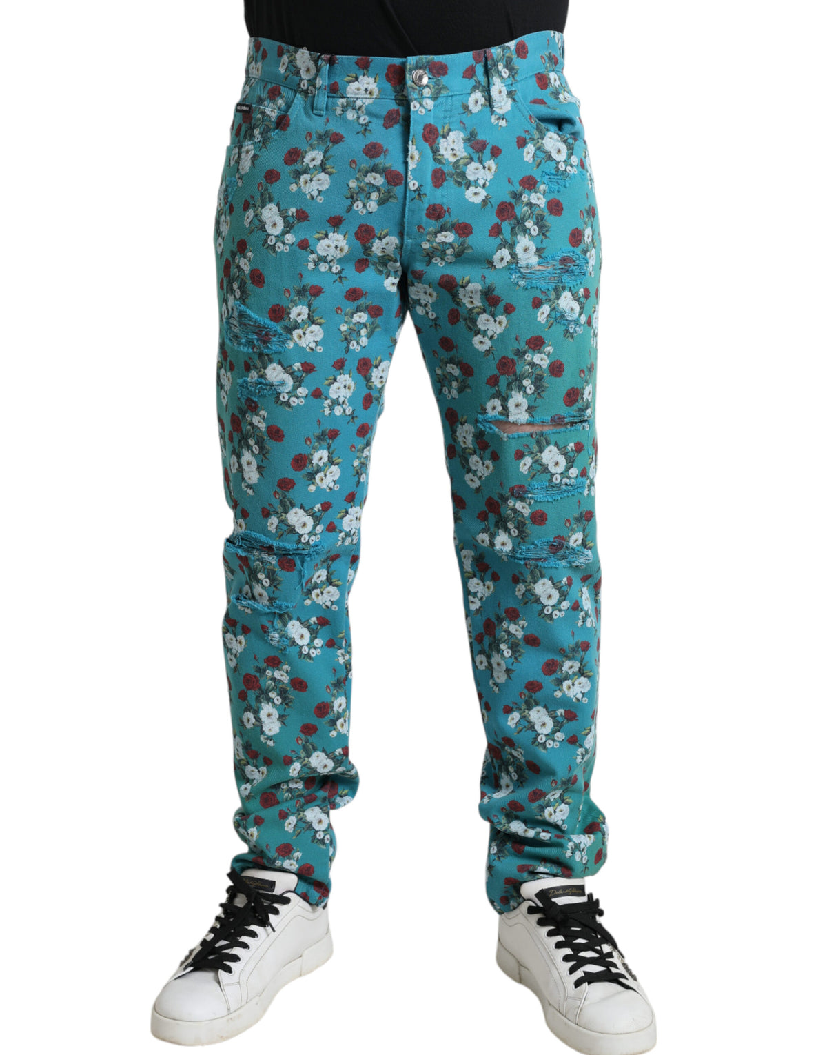 Pantalon en jean skinny en coton à imprimé floral bleu de Dolce &amp; Gabbana