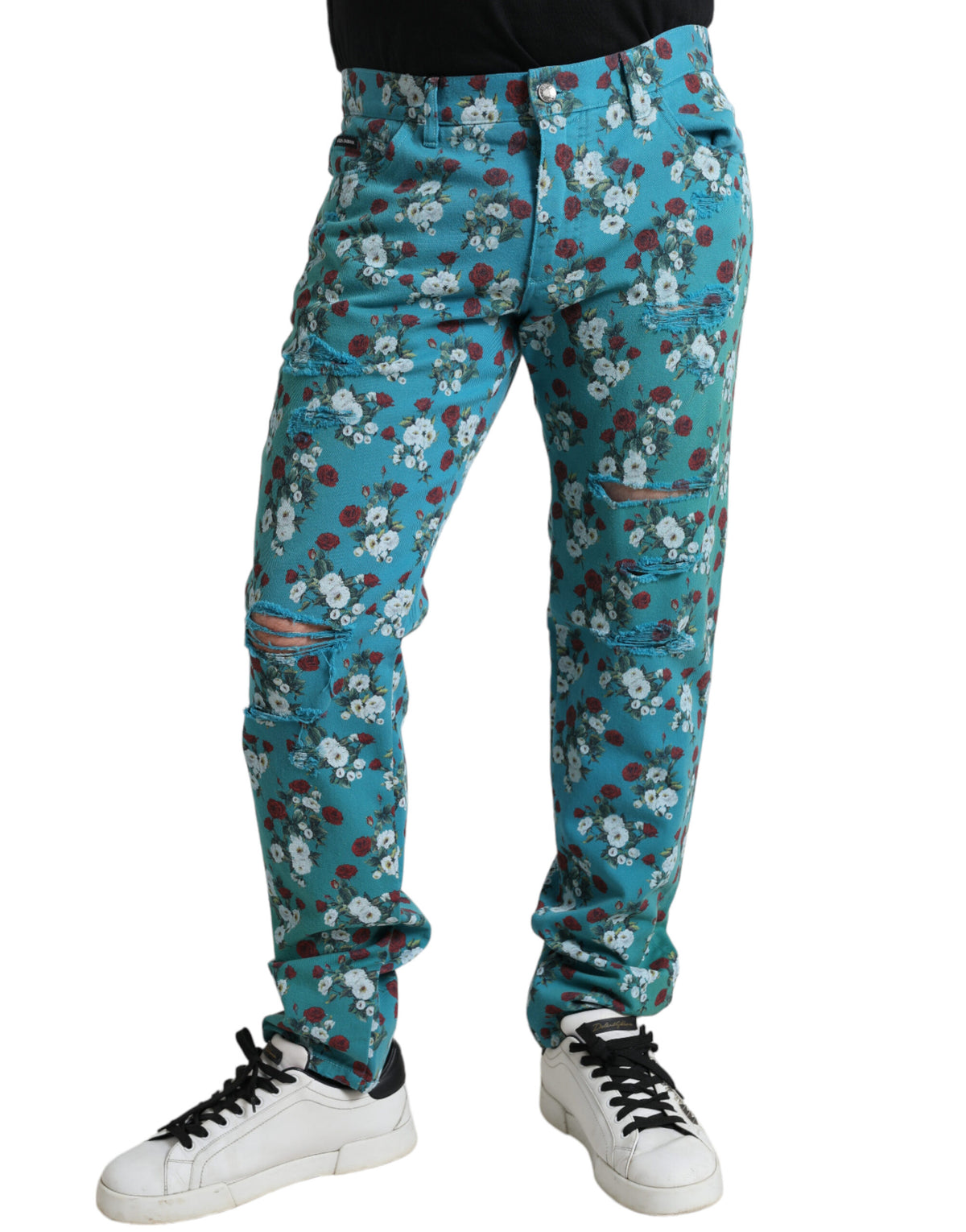 Pantalon en jean skinny en coton à imprimé floral bleu de Dolce &amp; Gabbana