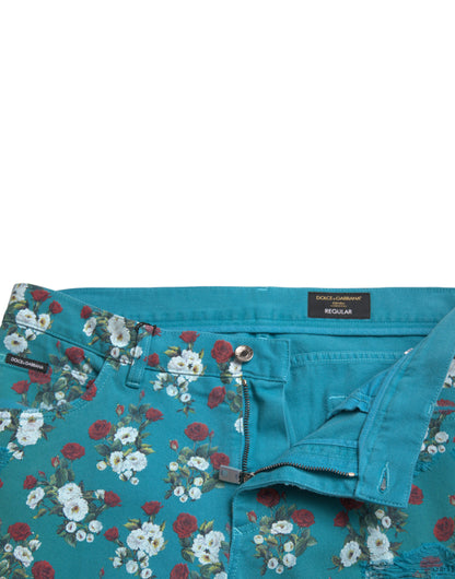 Dolce &amp; Gabbana Blauwe, bloemenprint, skinny spijkerbroek van katoen