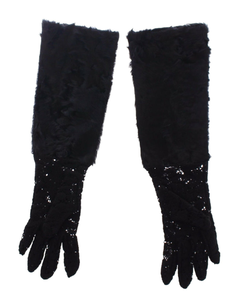 Gants de coude en laine et fourrure d'agneau noirs Dolce &amp; Gabbana