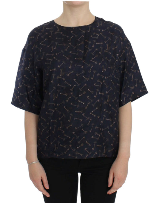 Dolce & Gabbana blauwe zijden blouse met gouden sleutelprint