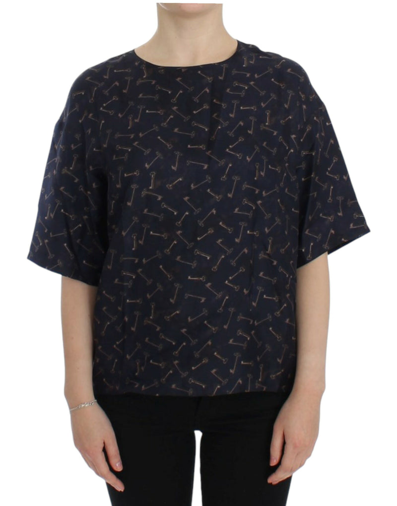 Blouse en soie Dolce &amp; Gabbana bleu or à imprimé de clefs