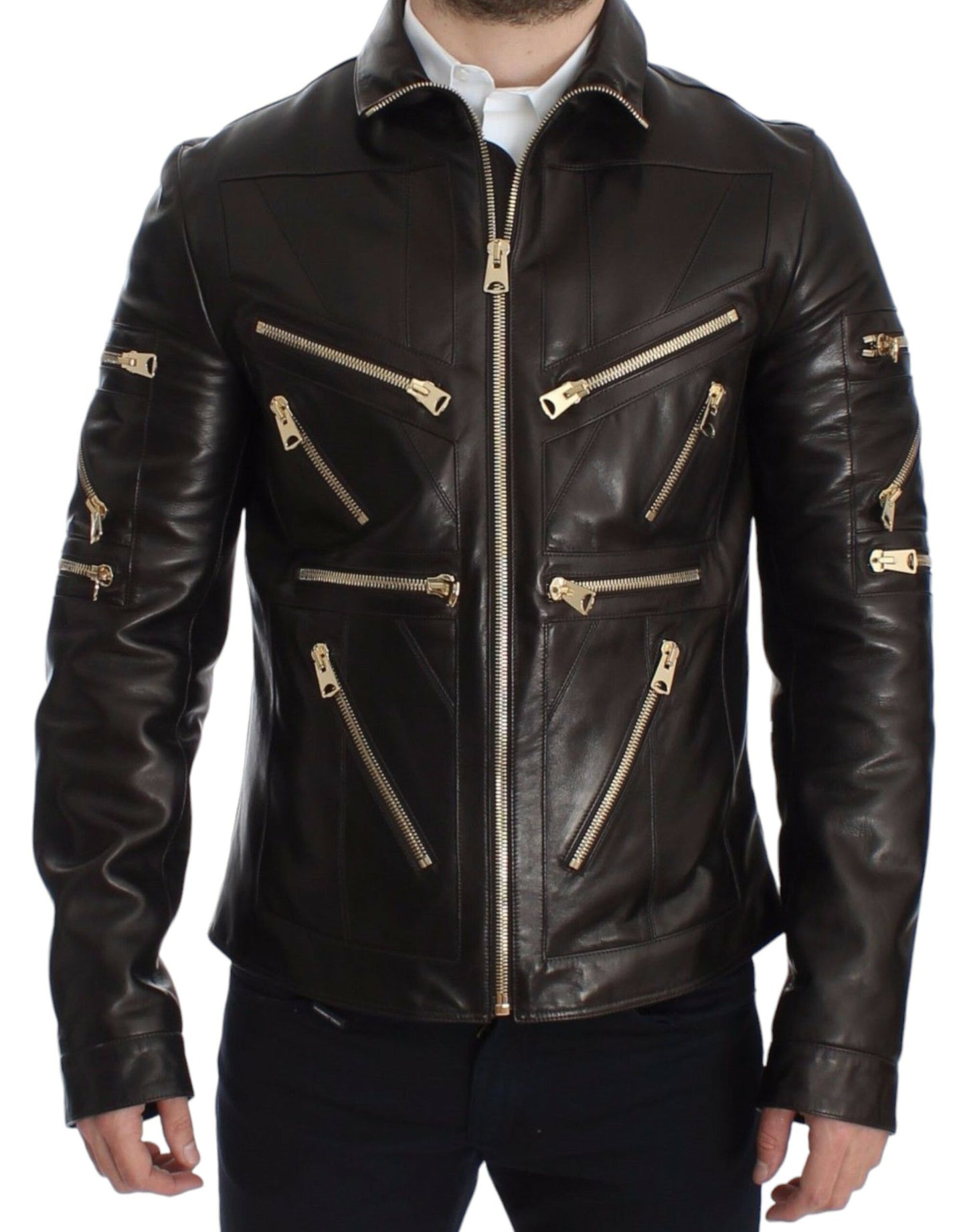 Veste en cuir d'agneau marron à fermeture éclair de Dolce & Gabbana