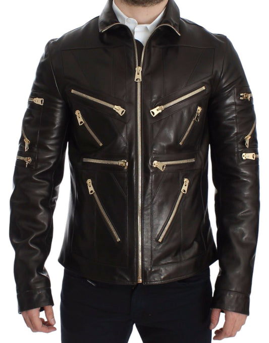 Veste en cuir d'agneau marron à fermeture éclair de Dolce & Gabbana