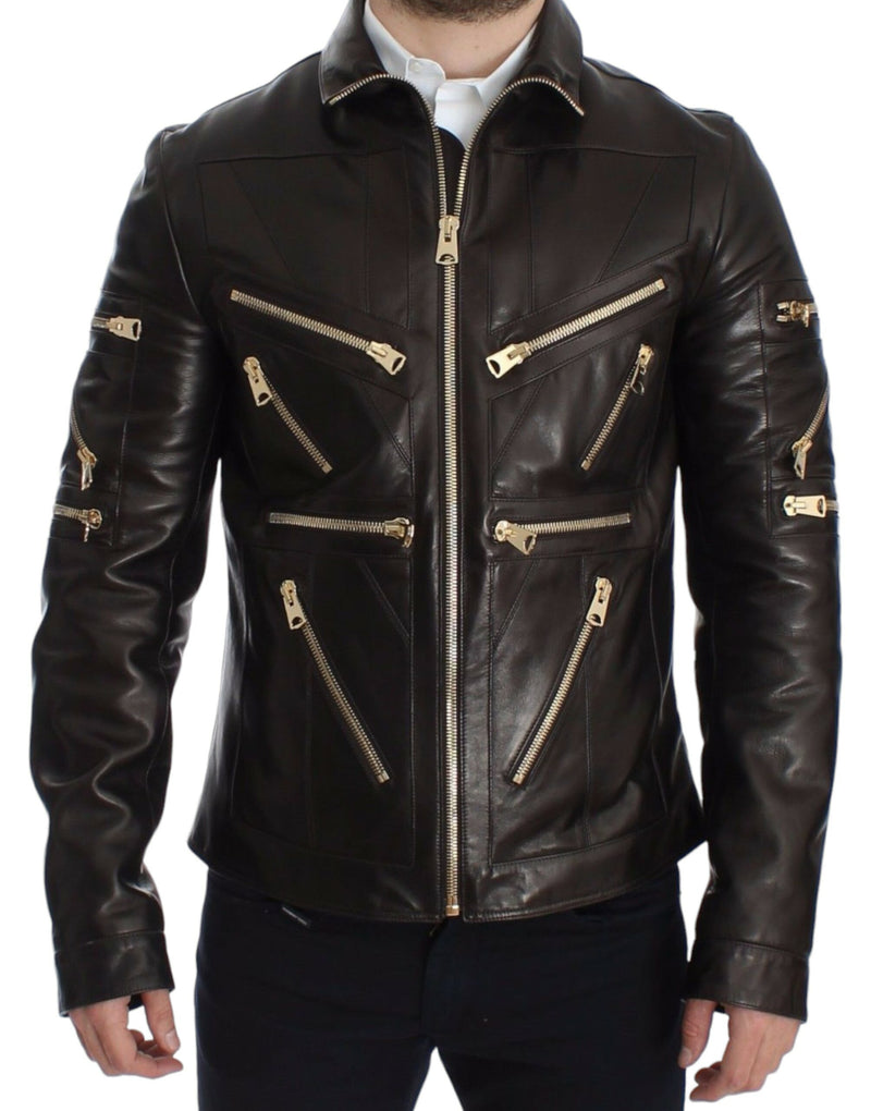 Veste en cuir d'agneau marron à fermeture éclair de Dolce & Gabbana