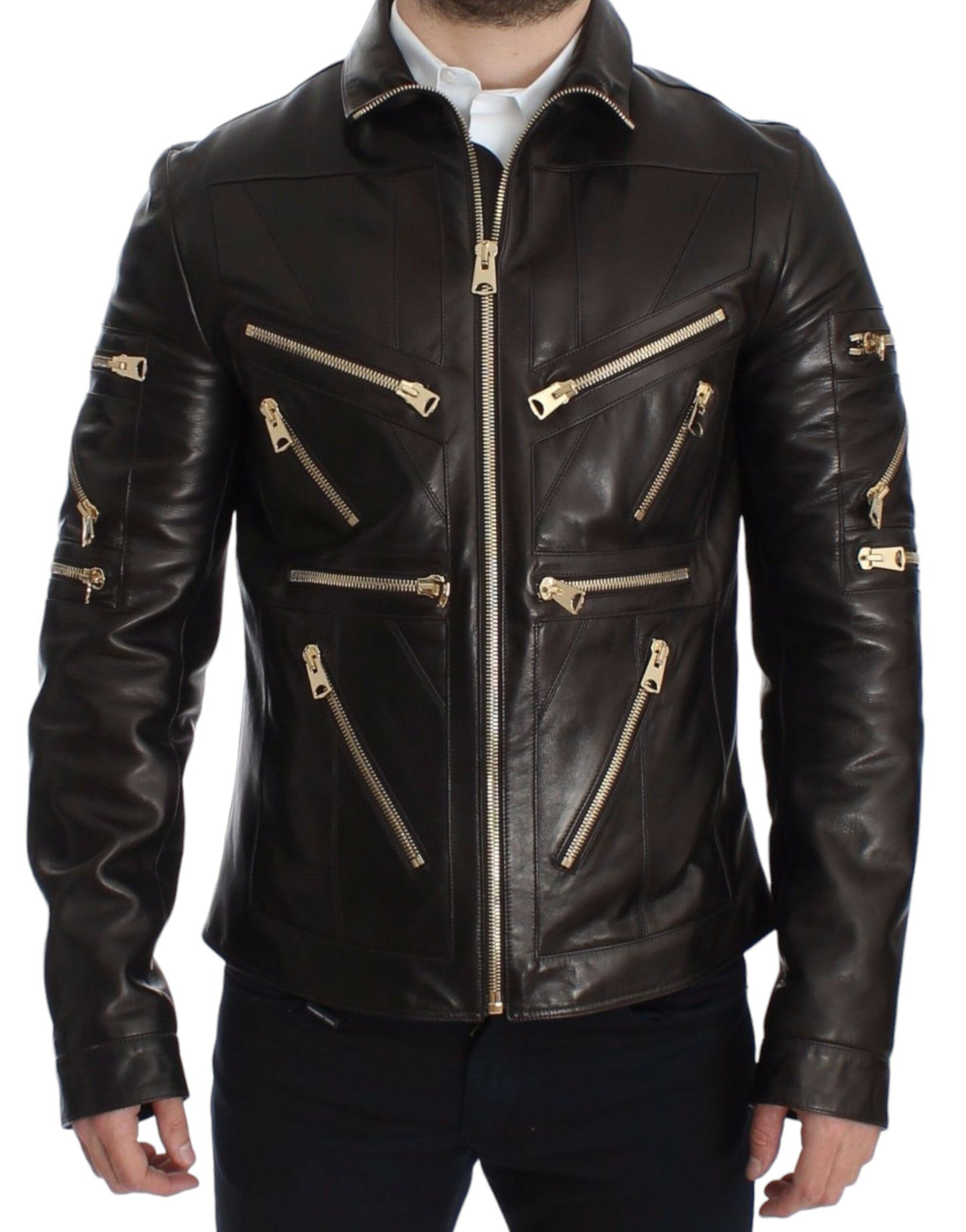 Veste en cuir d'agneau marron à fermeture éclair de Dolce & Gabbana