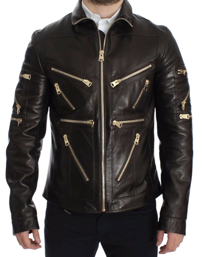 Veste en cuir d'agneau marron à fermeture éclair de Dolce & Gabbana