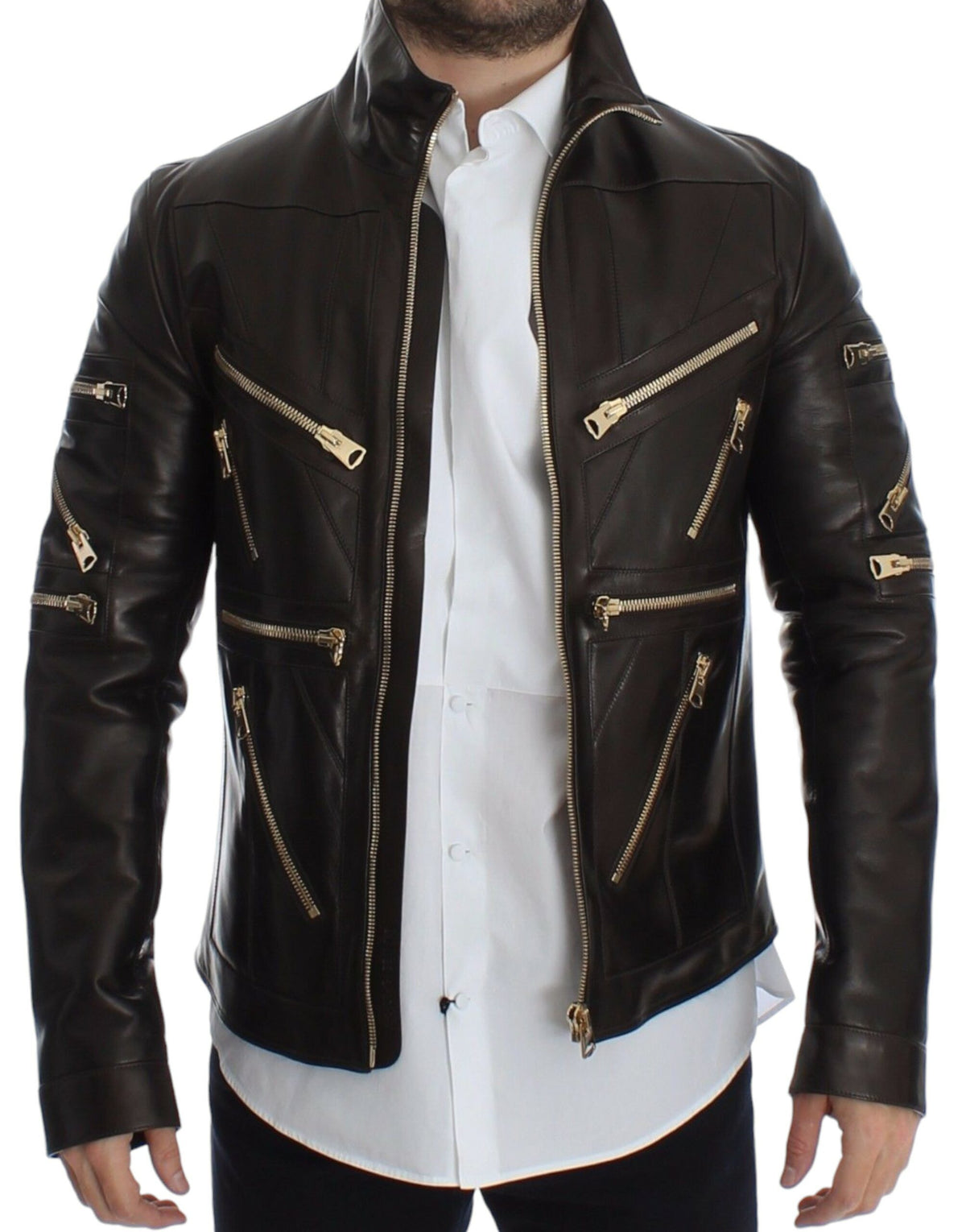 Veste en cuir d'agneau marron à fermeture éclair de Dolce & Gabbana