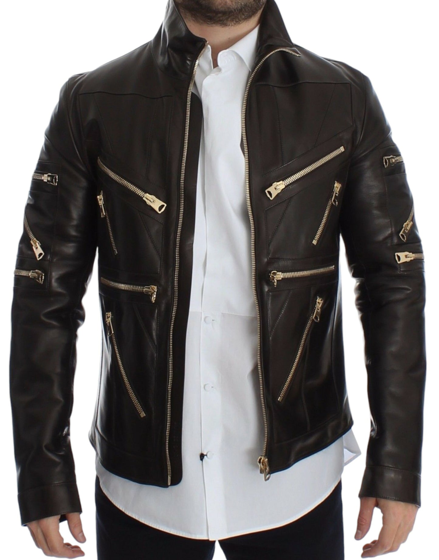 Veste en cuir d'agneau marron à fermeture éclair de Dolce & Gabbana