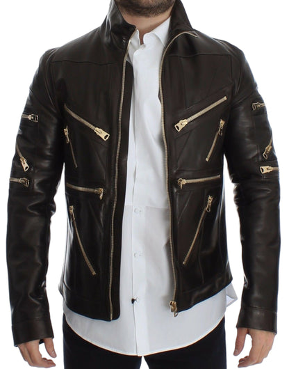 Veste en cuir d'agneau marron à fermeture éclair de Dolce & Gabbana
