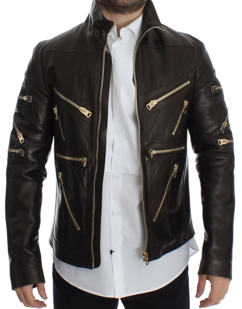 Veste en cuir d'agneau marron à fermeture éclair de Dolce & Gabbana