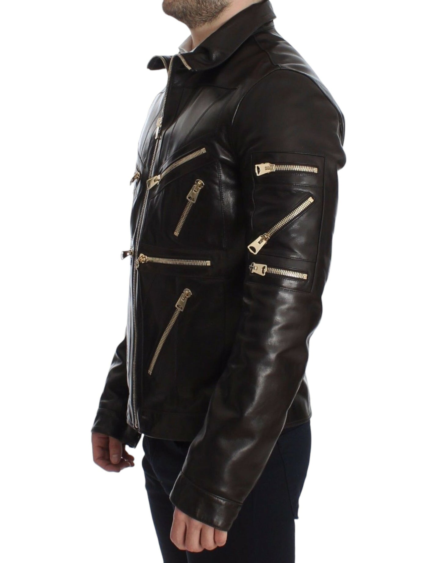Veste en cuir d'agneau marron à fermeture éclair de Dolce & Gabbana