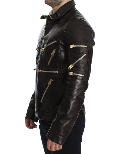 Veste en cuir d'agneau marron à fermeture éclair de Dolce & Gabbana