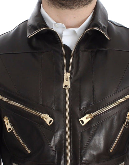 Veste en cuir d'agneau marron à fermeture éclair de Dolce & Gabbana