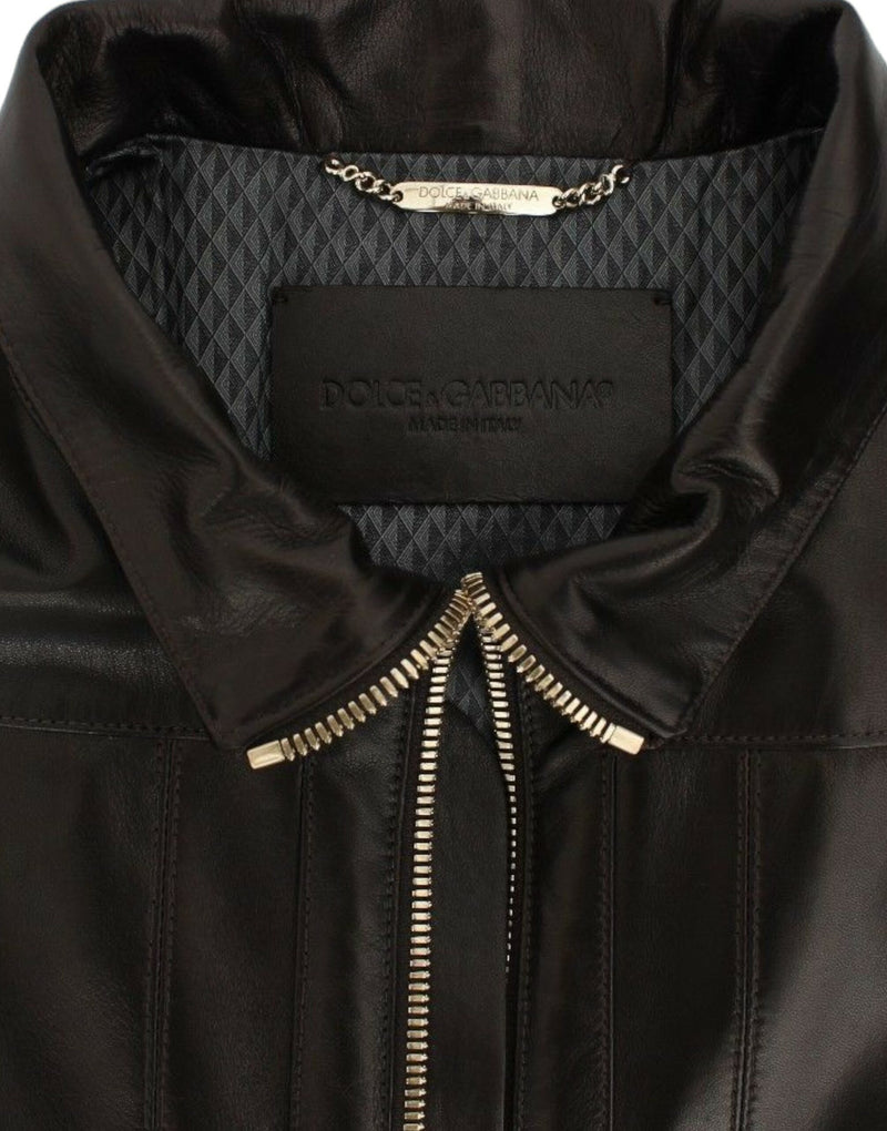 Veste en cuir d'agneau marron à fermeture éclair de Dolce & Gabbana