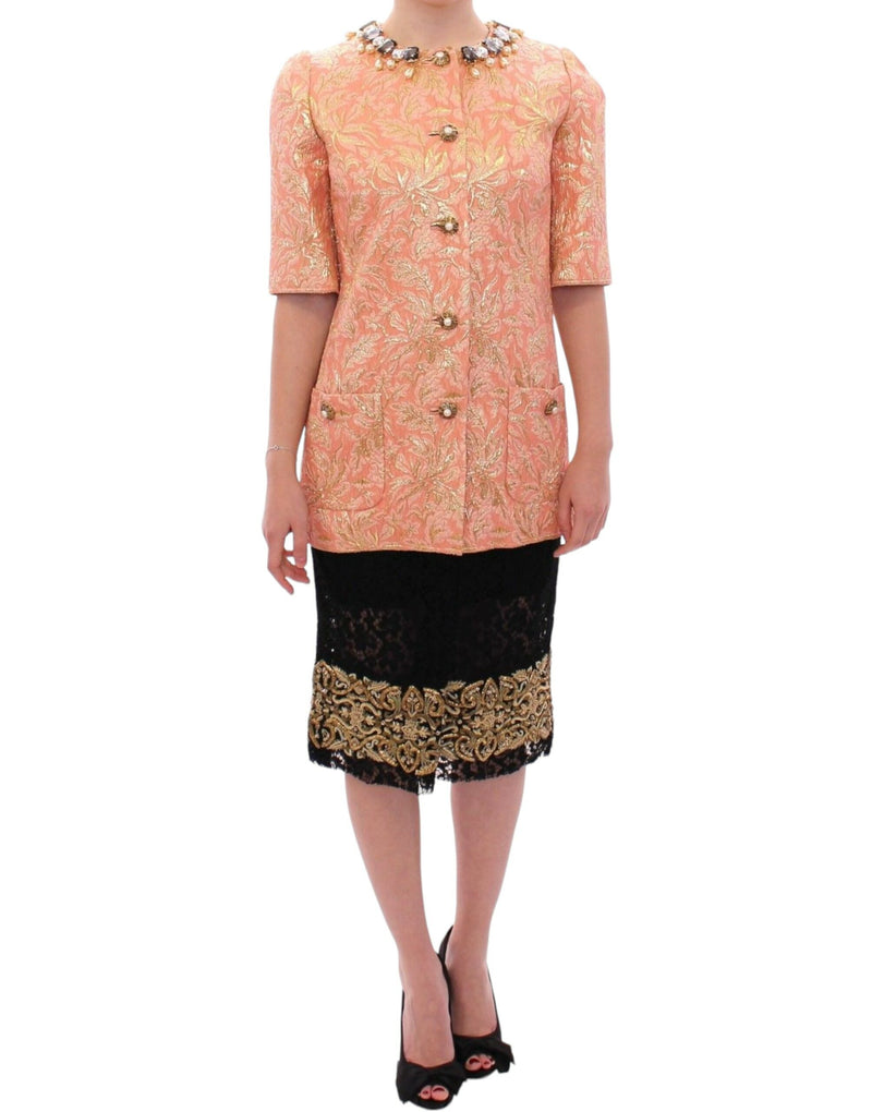 Dolce &amp; Gabbana, manteau-veste brodé en brocart de soie rose avec cristaux.