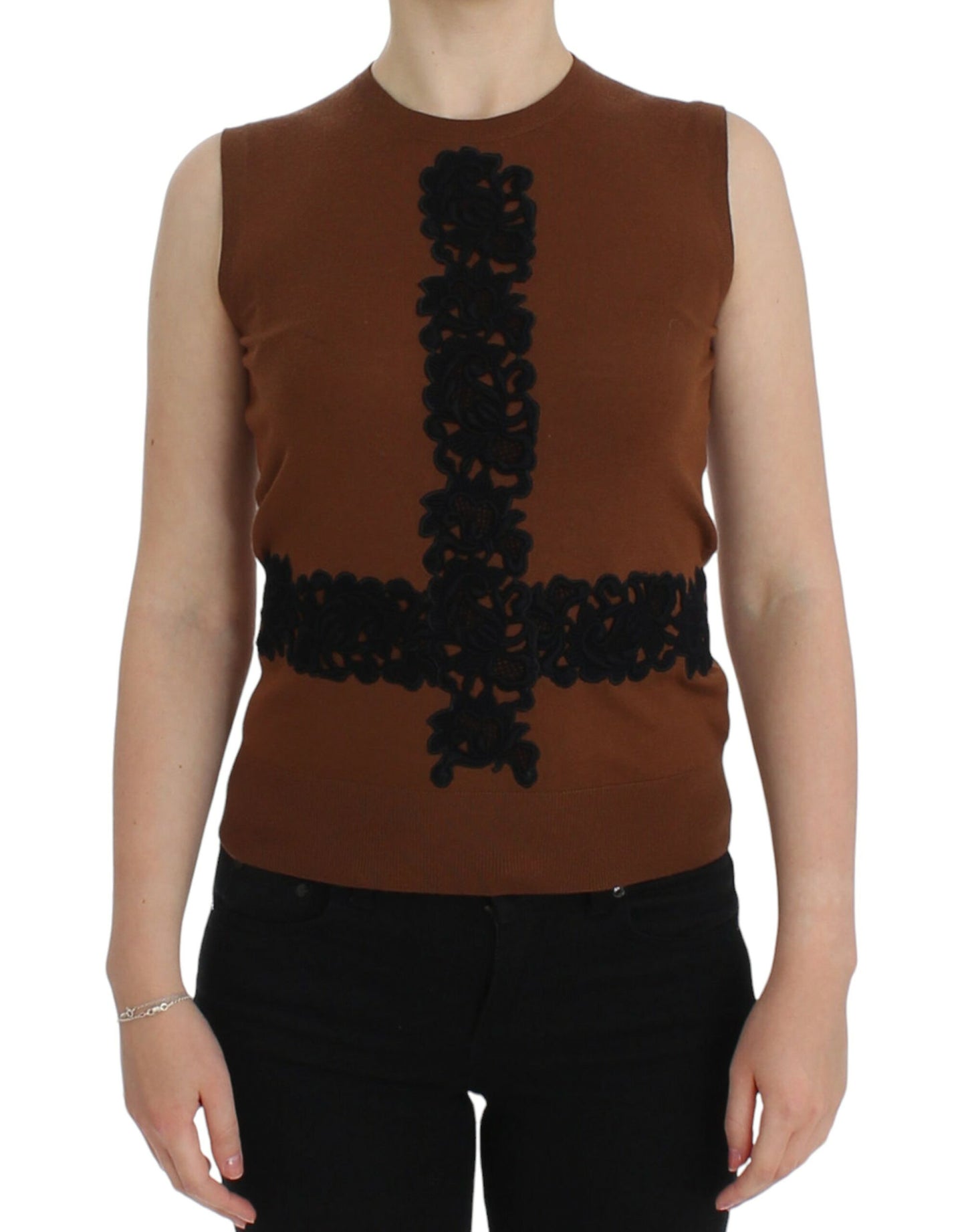 Gilet pull en laine marron et dentelle noire Dolce & Gabbana