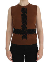 Gilet pull en laine marron et dentelle noire Dolce &amp; Gabbana