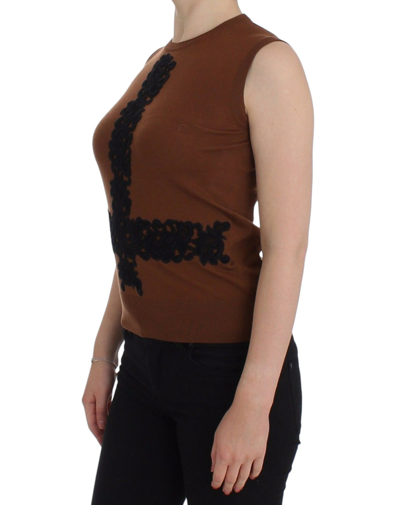Gilet pull en laine marron et dentelle noire Dolce &amp; Gabbana