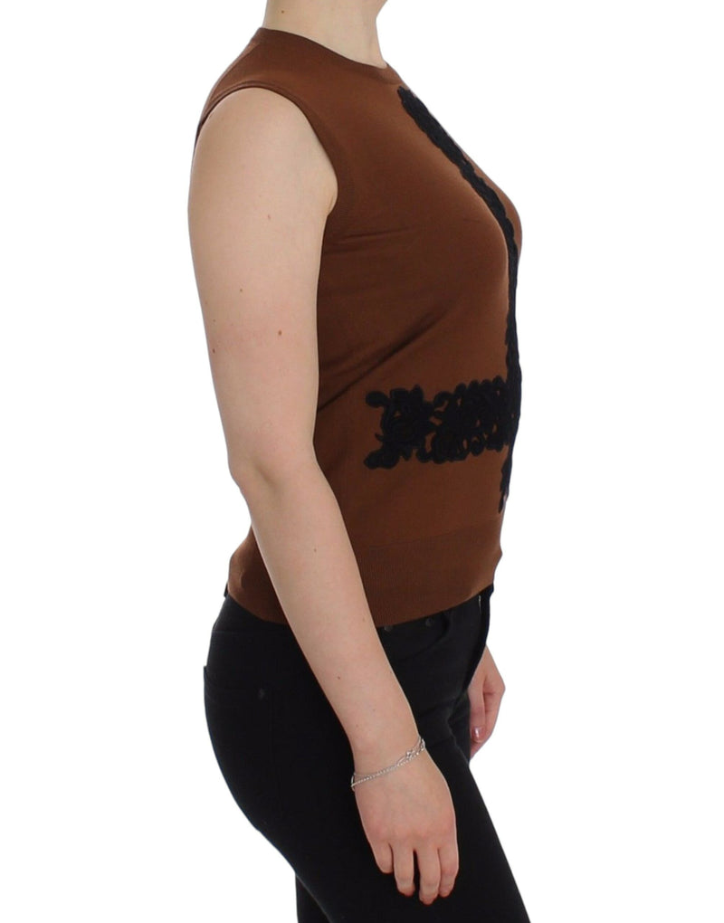 Gilet pull en laine marron et dentelle noire Dolce &amp; Gabbana