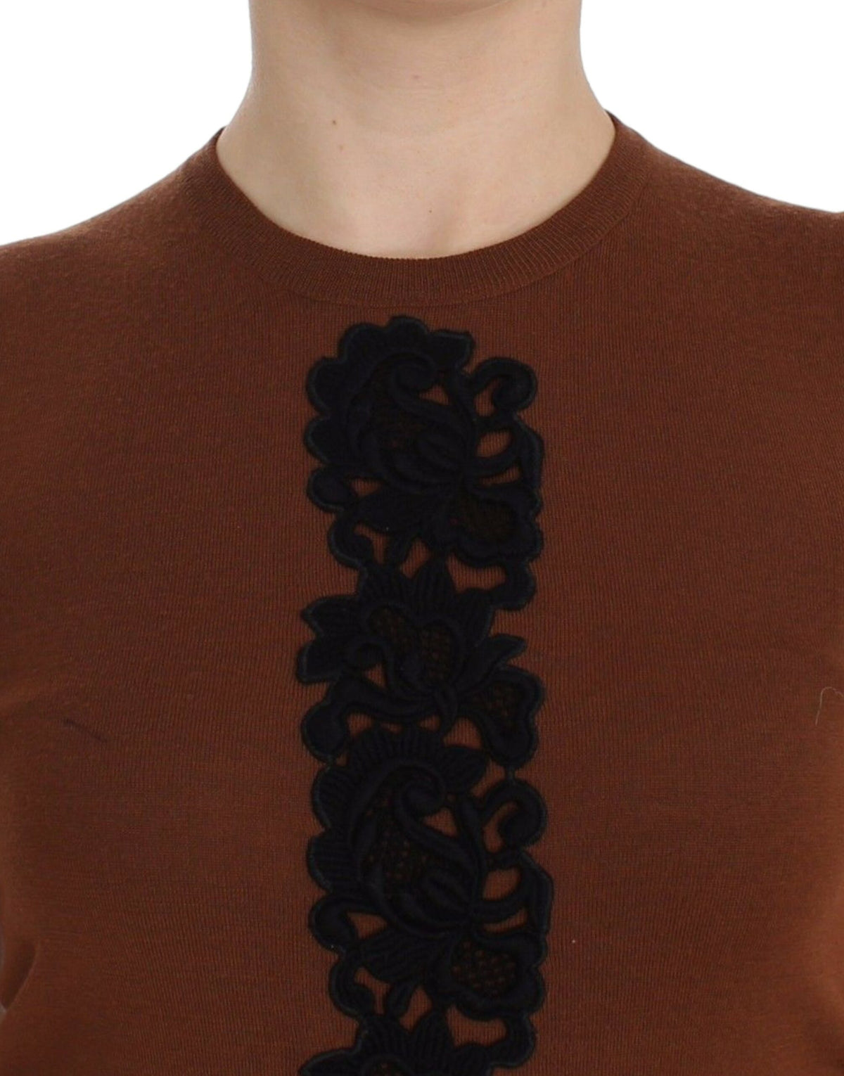 Gilet pull en laine marron et dentelle noire Dolce &amp; Gabbana