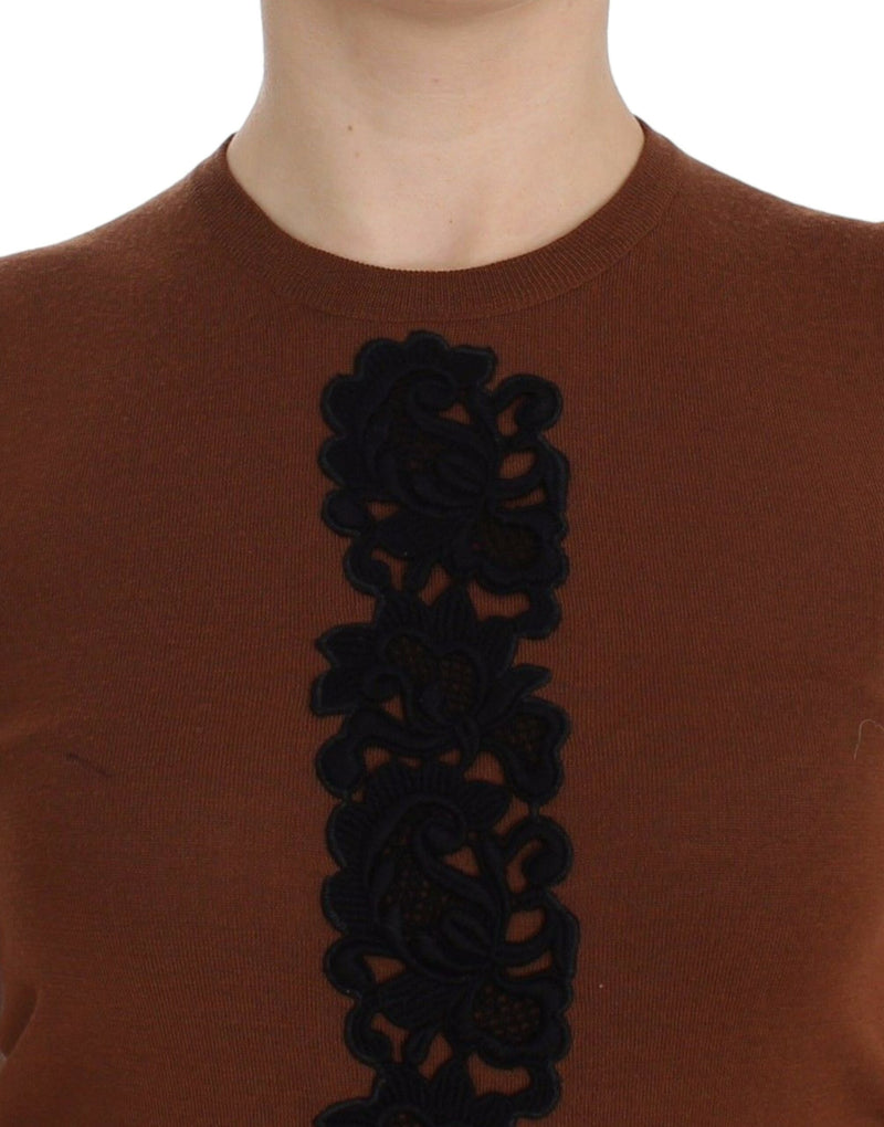 Gilet pull en laine marron et dentelle noire Dolce &amp; Gabbana