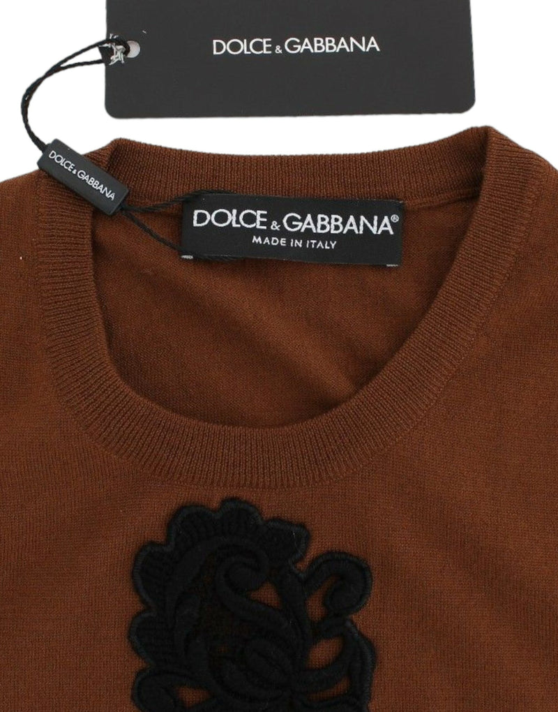 Gilet pull en laine marron et dentelle noire Dolce &amp; Gabbana