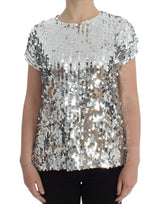Blouse à manches courtes Dolce &amp; Gabbana, col rond, paillettes argentées.