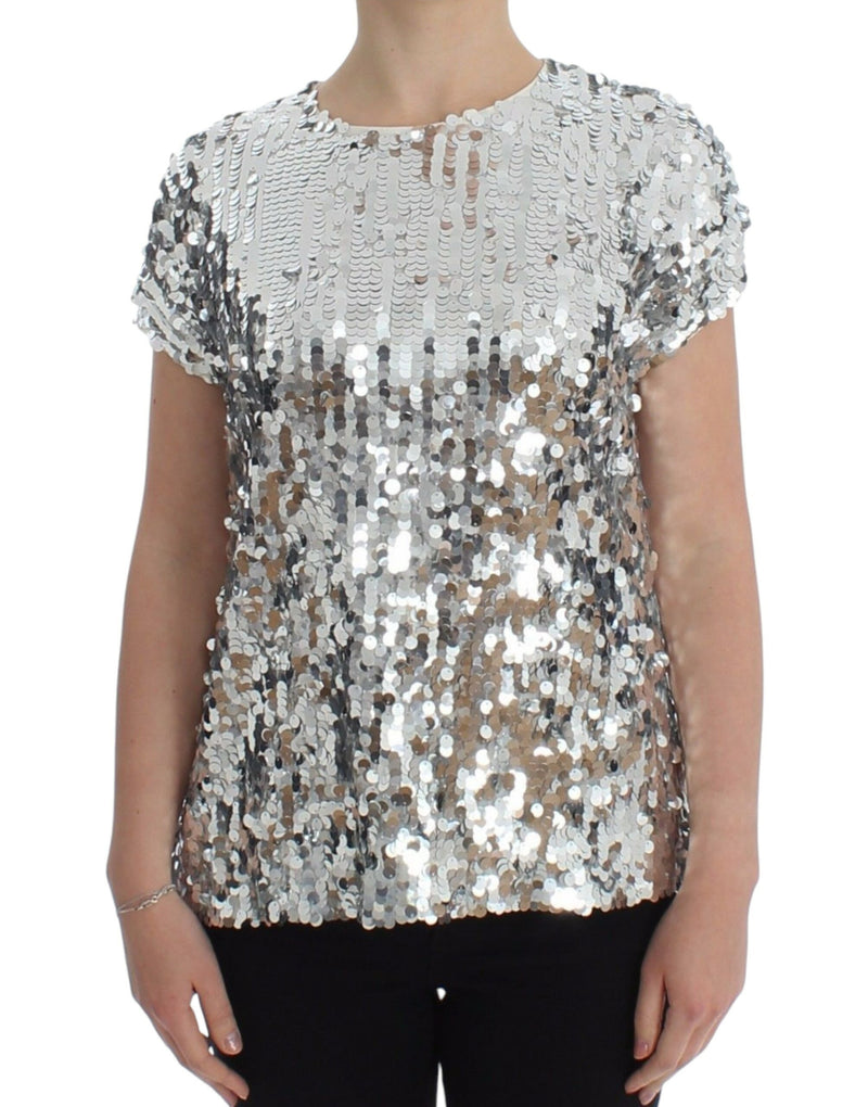 Blouse à manches courtes Dolce &amp; Gabbana, col rond, paillettes argentées.