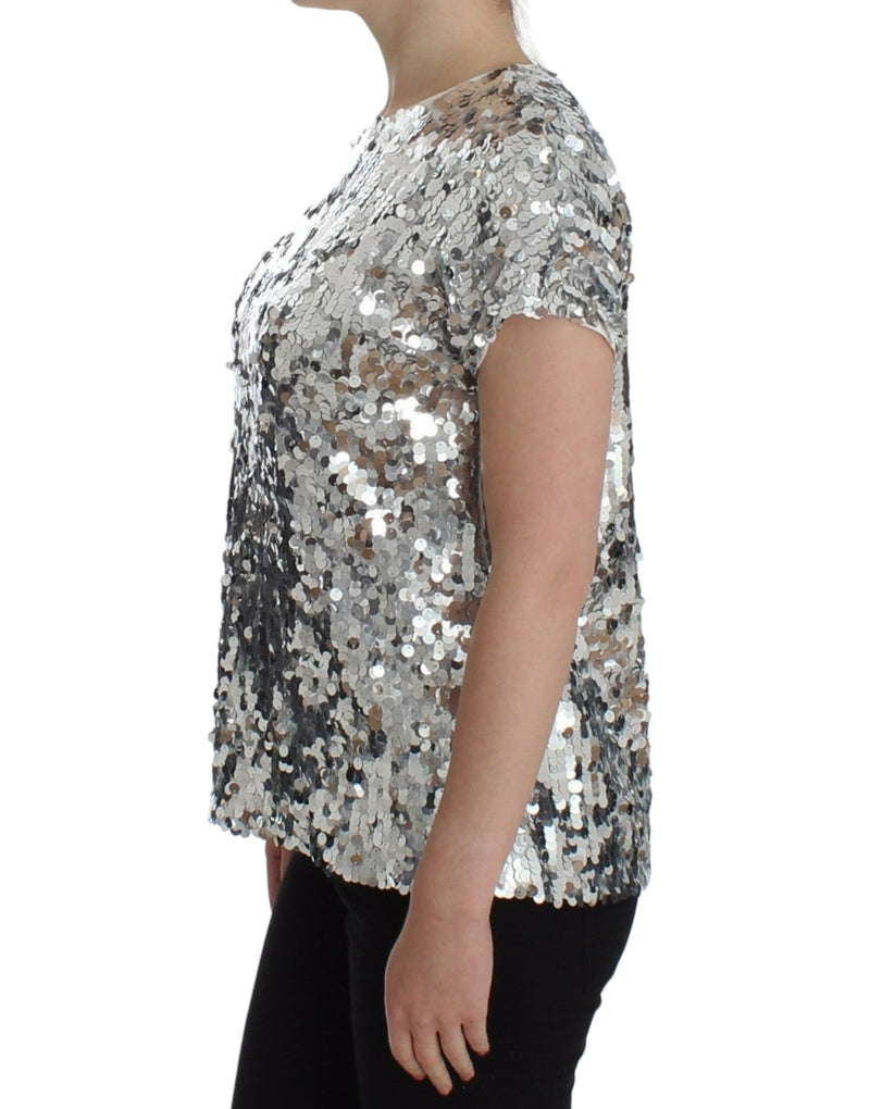 Blouse à manches courtes Dolce &amp; Gabbana, col rond, paillettes argentées.