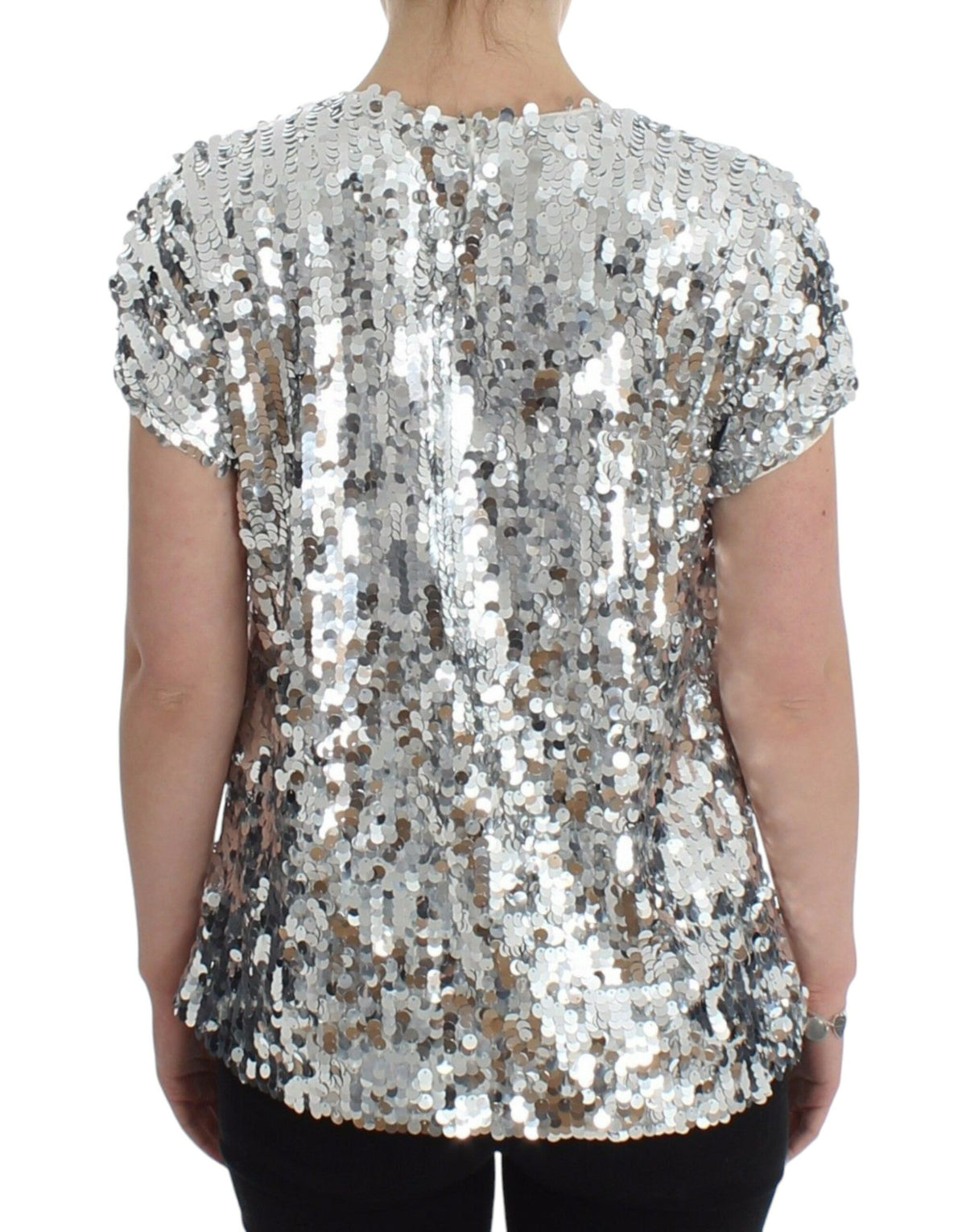 Blouse à manches courtes Dolce &amp; Gabbana, col rond, paillettes argentées.