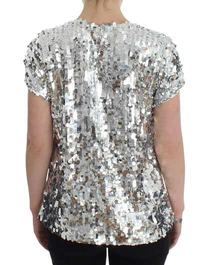 Blouse à manches courtes Dolce & Gabbana, col rond, paillettes argentées.