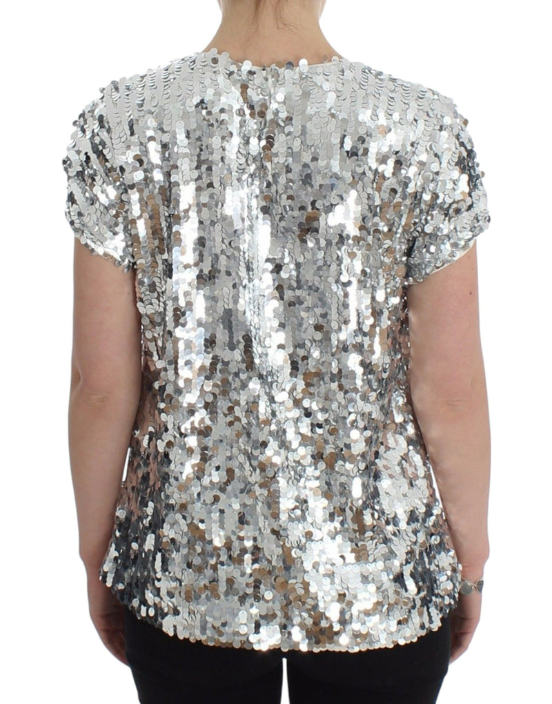 Blouse à manches courtes Dolce &amp; Gabbana, col rond, paillettes argentées.