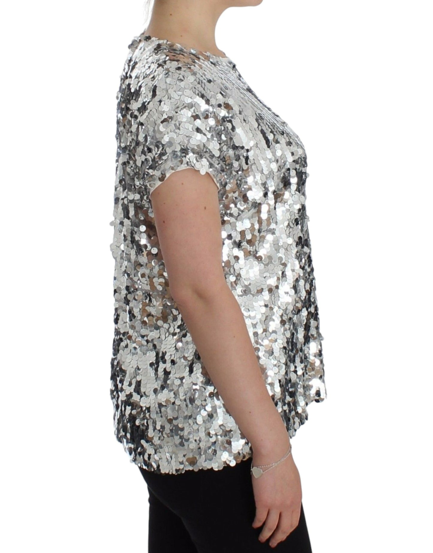 Blouse à manches courtes Dolce & Gabbana, col rond, paillettes argentées.