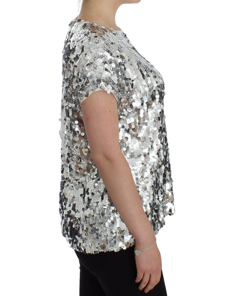 Blouse à manches courtes Dolce &amp; Gabbana, col rond, paillettes argentées.