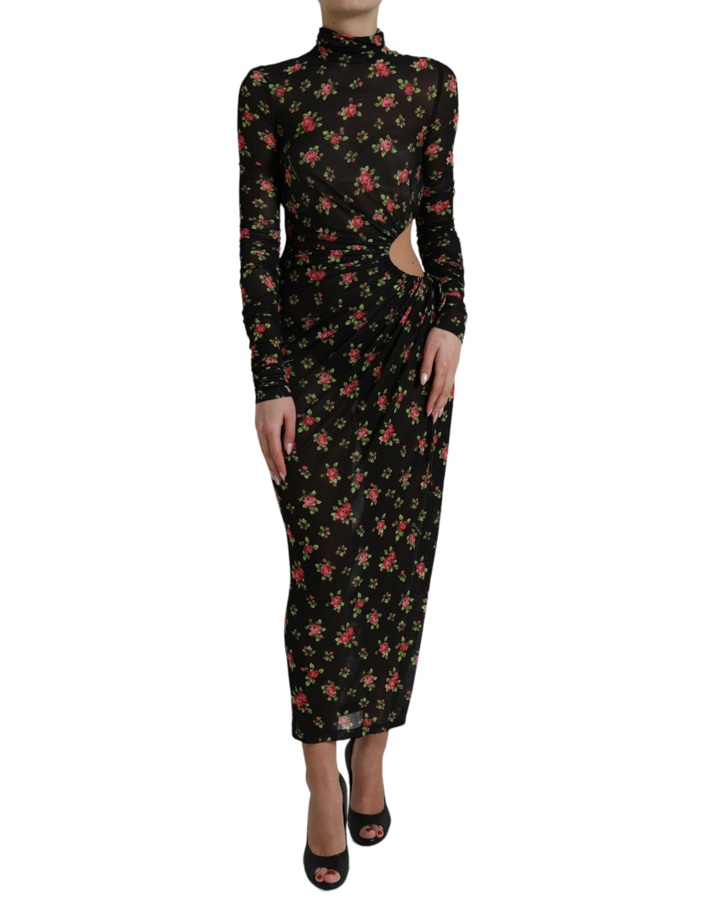 Robe longue maxi moulante à motifs floraux et découpes noires de Dolce & Gabbana