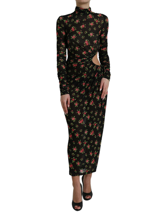 Dolce & Gabbana Zwarte bloemenprint, uitgesneden, lange maxi jurk