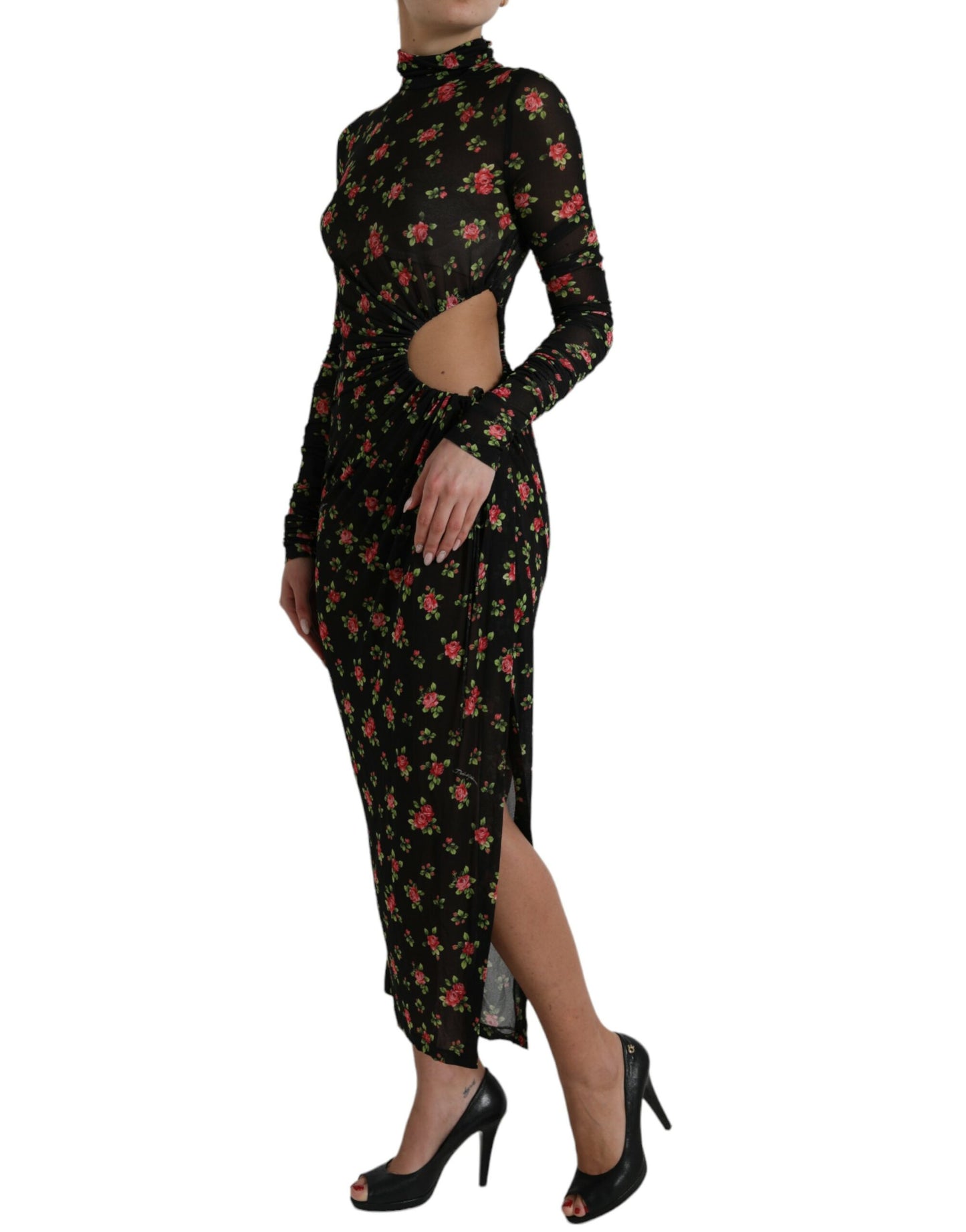 Robe longue maxi moulante à motifs floraux et découpes noires de Dolce & Gabbana