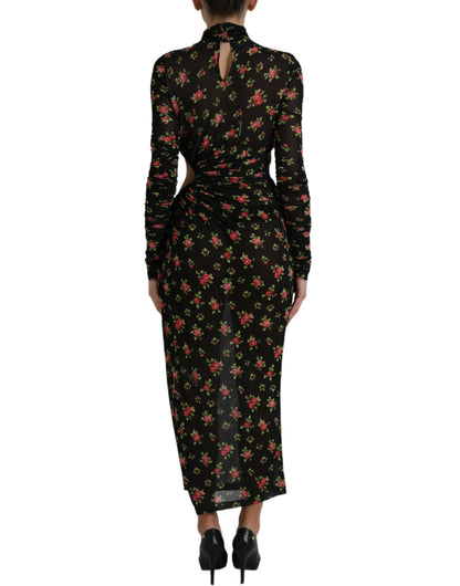 Robe longue maxi moulante à motifs floraux et découpes noires de Dolce & Gabbana