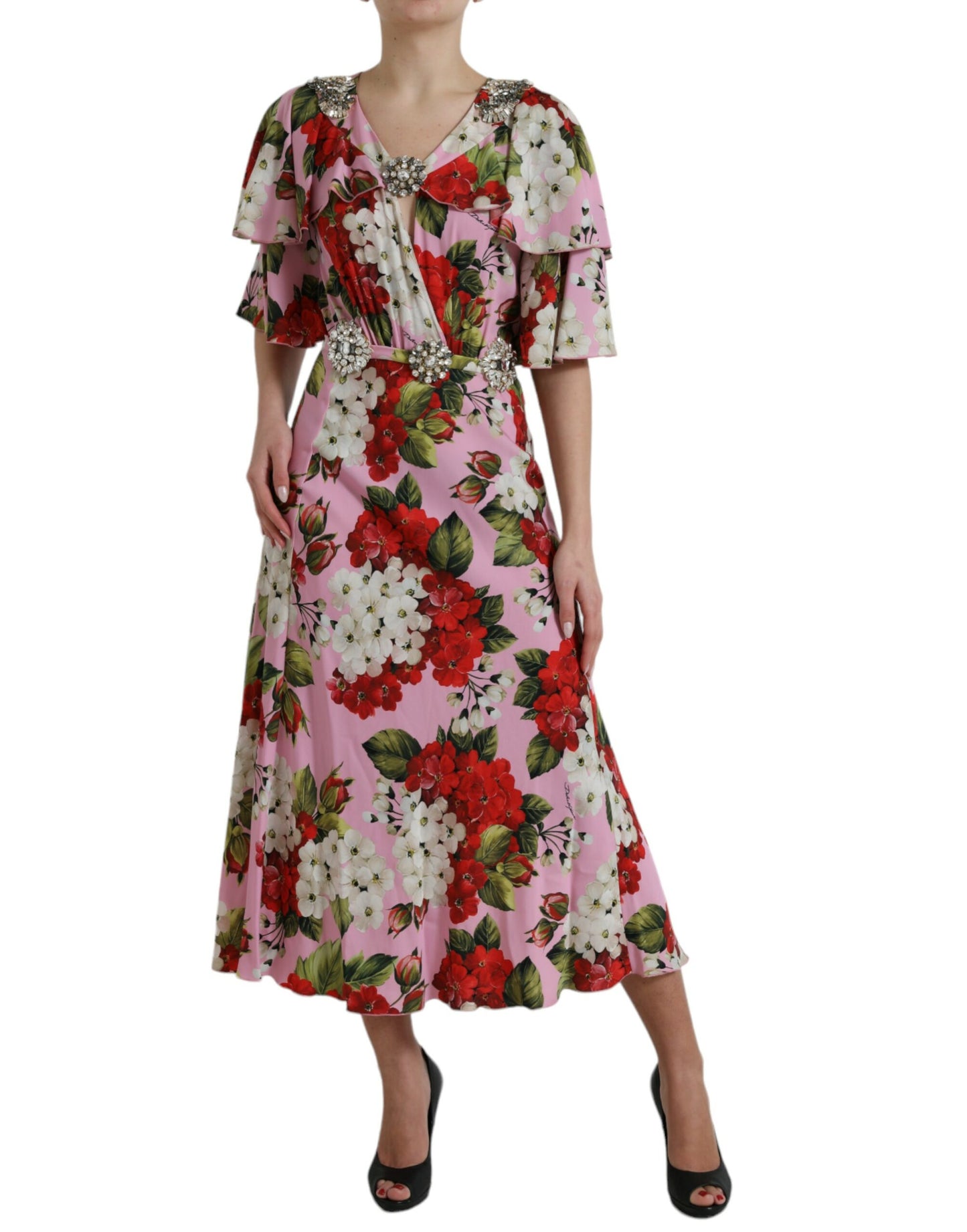 Robe trapèze multicolore à motifs floraux et ornements en cristal de Dolce & Gabbana