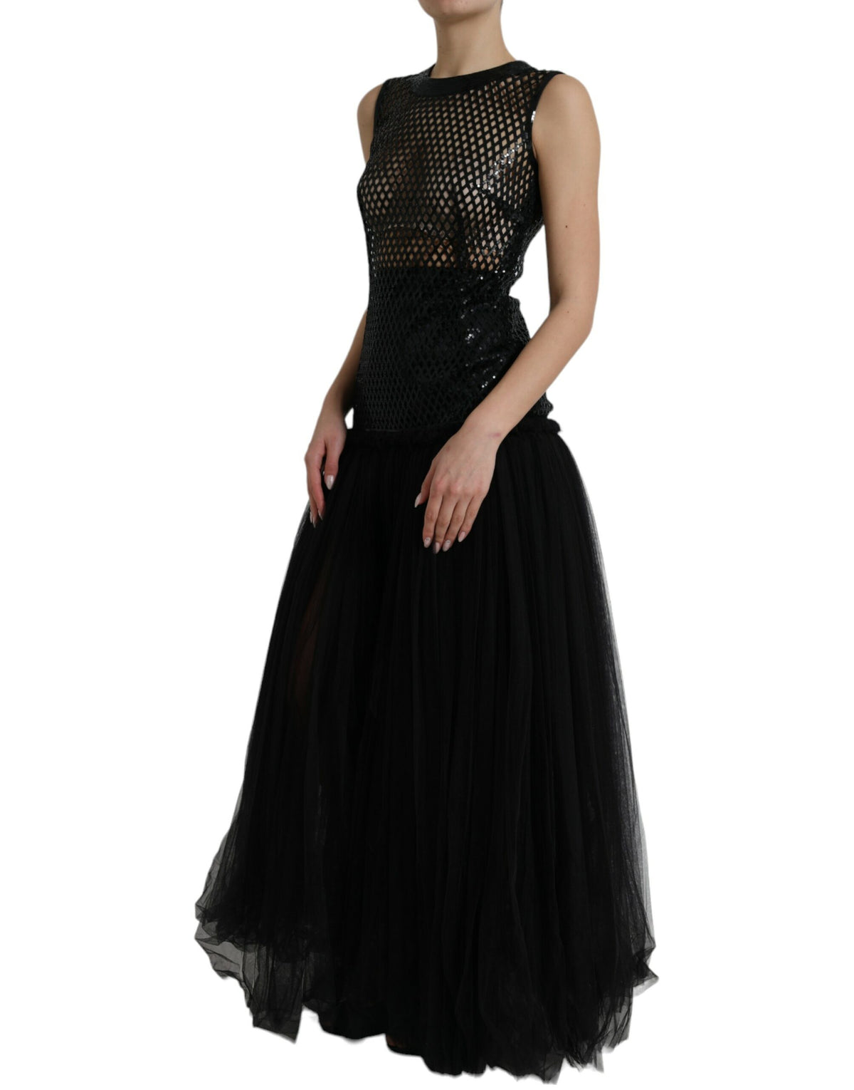 Robe de soirée sans manches en maille à sequins noirs Dolce & Gabbana
