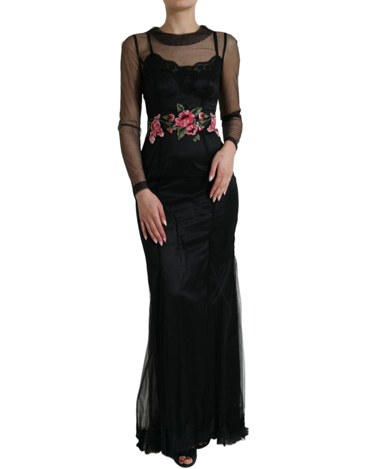 Dolce & Gabbana Robe Longue en Tulle Noir avec Broderie Florale
