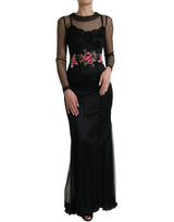 Dolce & Gabbana Robe Longue en Tulle Noir avec Broderie Florale