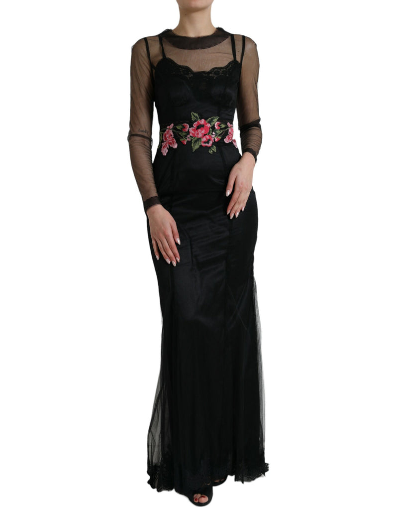 Dolce & Gabbana Robe Longue en Tulle Noir avec Broderie Florale