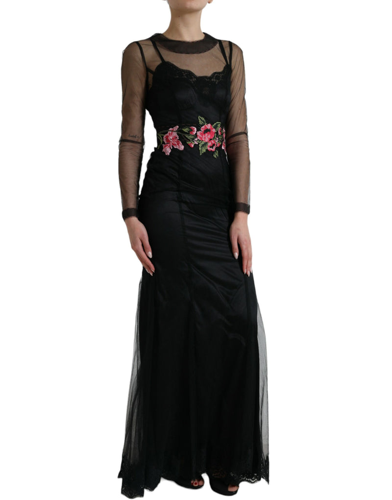 Dolce & Gabbana Robe Longue en Tulle Noir avec Broderie Florale